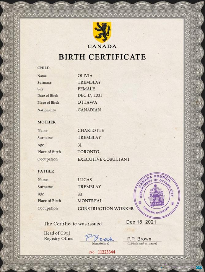 Download Canada vital record birth certificate PSD template Photoshop template